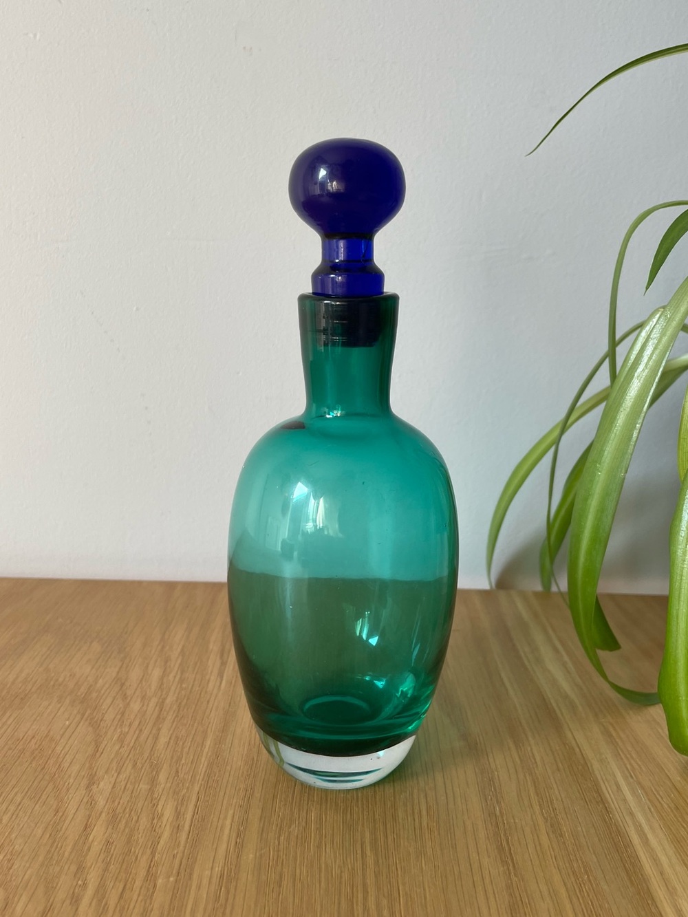 Vintage Blue-Green Art Glass Vanity Apothecary Bottle Decanter with Blue Stopper
